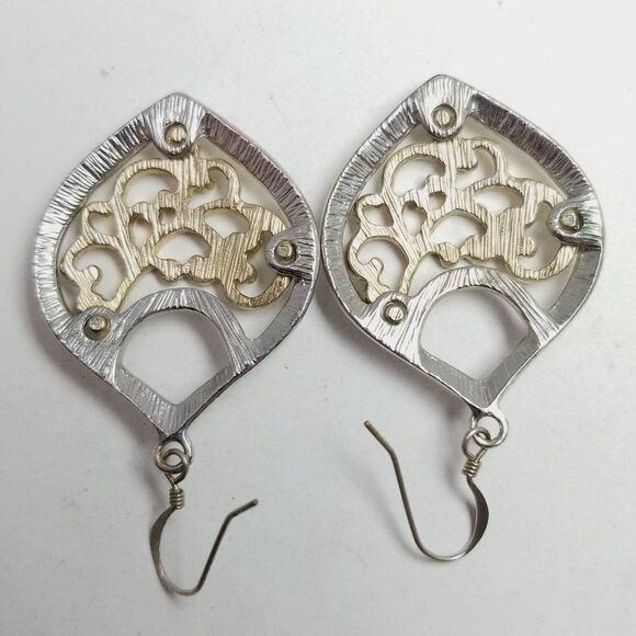 Vintage Spiral Design Dangle Earrings, Silver Tone, Boho Style, Estate - Picture 3 of 6